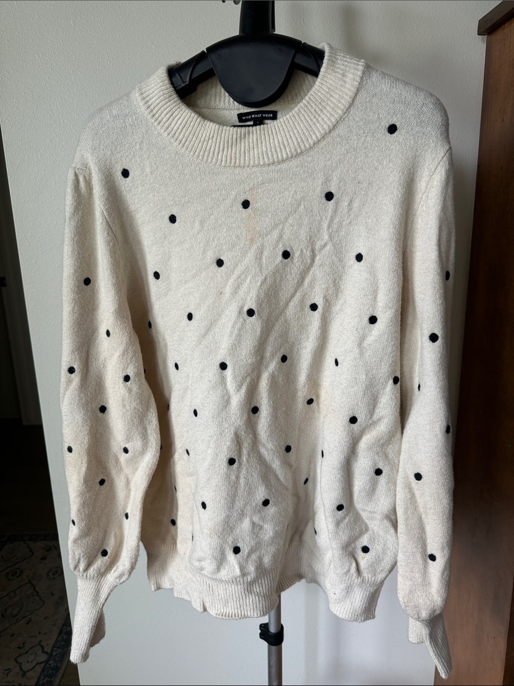 Who What Wear Cream Crewneck Sweater with Black Polka Dots